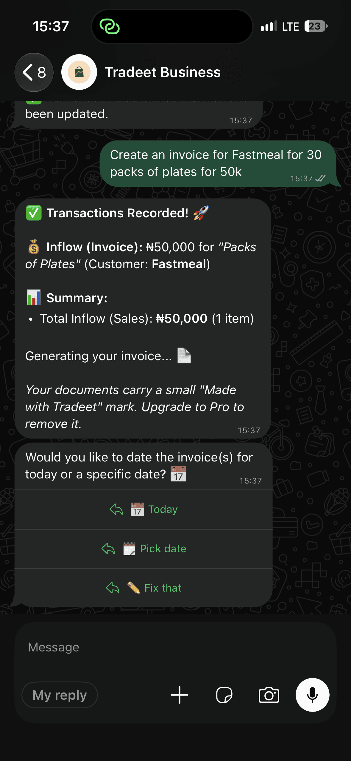 WhatsApp Chat Prompt to Create Invoice