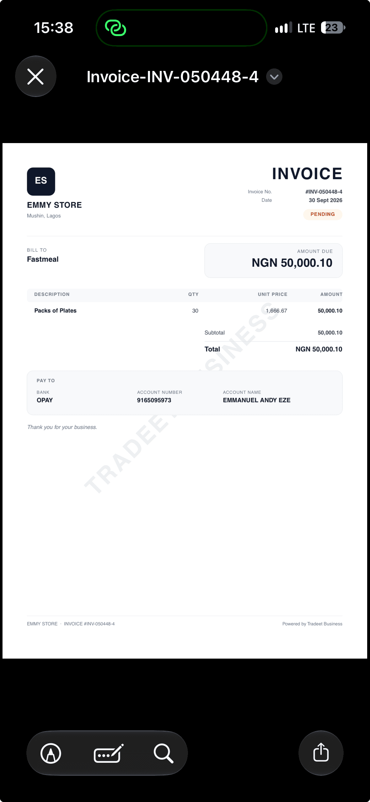 Official Tradeet Emmy Store WhatsApp Invoice